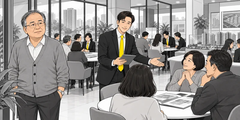 둥근 테이블마다 상담이 이어지는 분양 사무소를 그린 웹툰 컷